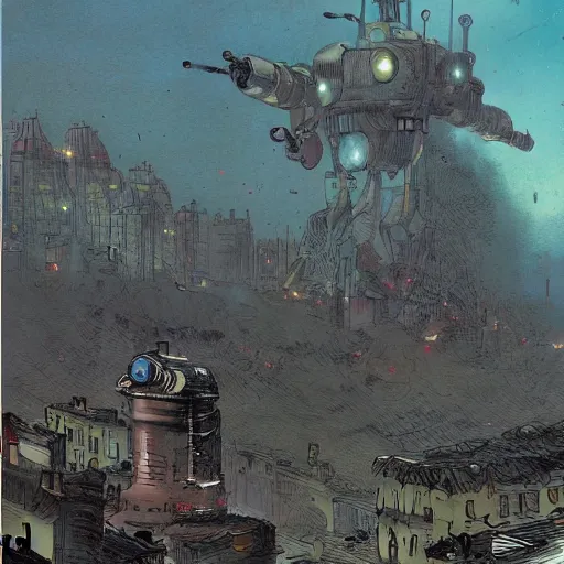 Image similar to robot civil war has destroyed robot city on planet robot, by john baptiste monge, muted colors