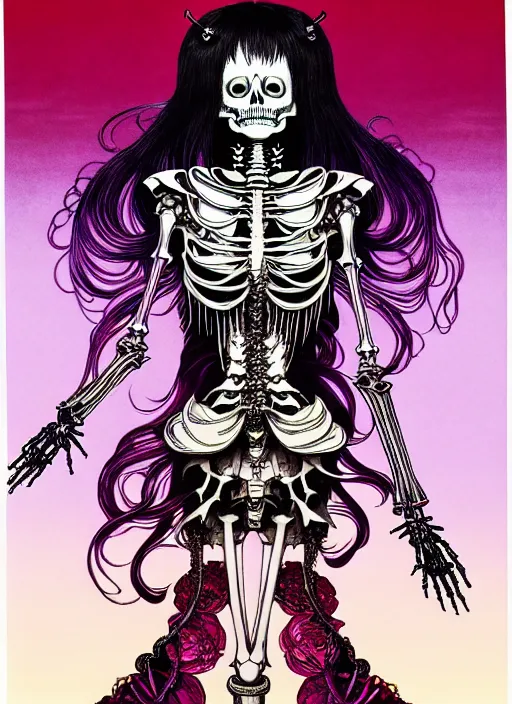 Image similar to highly detailed terada katsuya artstation ayami kojima manga poster of princess mechine as vampire skeleton, rainbow gradient reflection, long hair, armor, dress, laces, ruffles, 8 k, maximalist,, jump comics, tomer hanuka, alphonse mucha