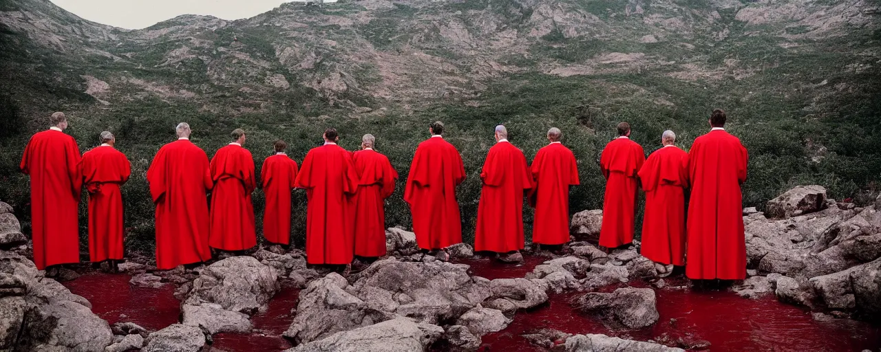 Image similar to a group of priests standing around a forbidden bright red pool on top of a mountain, nighttime, canon 5 0 mm, cinematic lighting, photography, retro, film, kodachrome