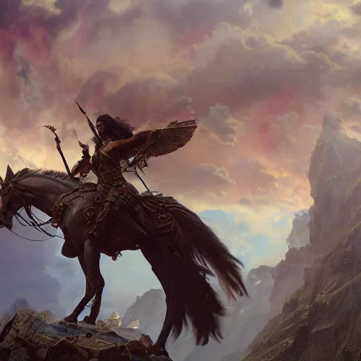 Prompt: an extremely detailed matte painting leroy jenkins as a terrifying valkyrie descending from valhalla on a pegasus, 8 k, sharp focus, detailed face, art by greg rutkowski and alphonse mucha