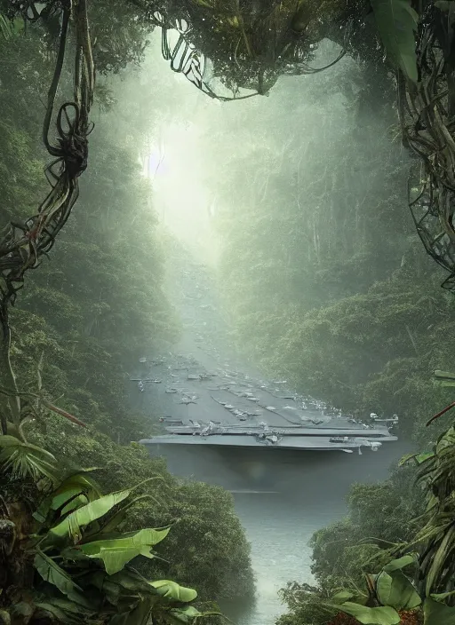 Image similar to aircraft carrier USS Nimitz laying on the ground of a tropical forest, overgrown with vegetation, hanging vines, post appocalyptic, by Luis Royo, by Greg Rutkowski, dark, gritty, intricate, cover illustration, concept art, volumetric lighting, volumetric atmosphere, sharp focus, octane render, trending on artstation, 8k