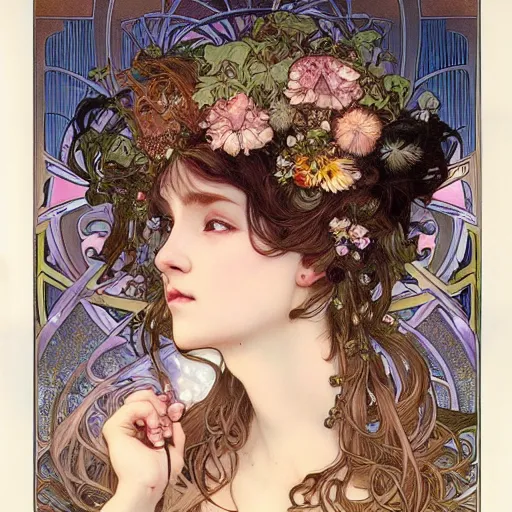 Prompt: realistic detailed face portrait of a beautiful pig with exotic mushrooms growing in her hair like a halo by Alphonse Mucha, Ayami Kojima, Amano, Charlie Bowater, Karol Bak, Greg Hildebrandt, Jean Delville, and Mark Brooks, Art Nouveau, Neo-Gothic, gothic, rich deep moody colors