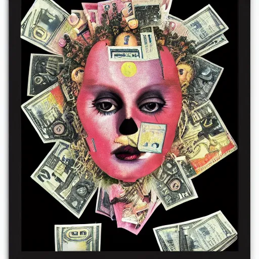 Image similar to post - punk new age album cover, asymmetrical design, in a frame, dollar bank notes, capitalism, magic, apocalypse, psychedelic, black white pink, magic, giger h. r., giuseppe arcimboldo