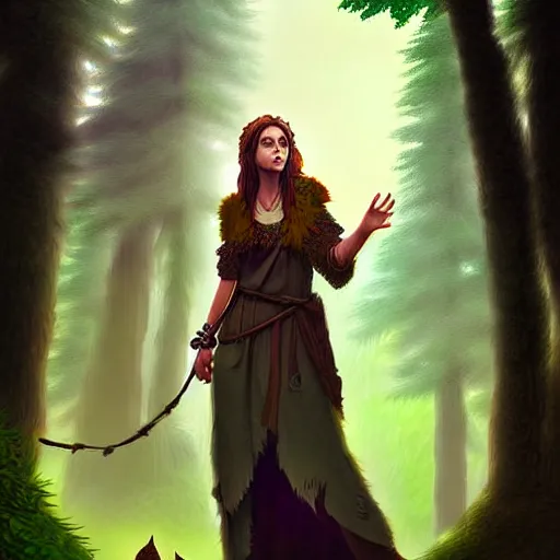 Image similar to a pretty druid surrounded by wolves digital painting, photorealistic, in the style of greg rutkowski, full body, detailed face