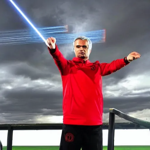 Image similar to jose mourinho jumping shooting lasers, in the sky, clouds, beautiful picture