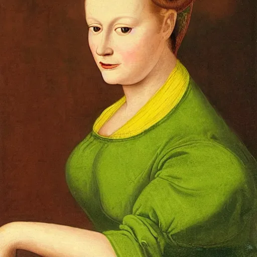 Prompt: a renaissance oil painting of a portrait of a young woman from the fifties, without eyebrows, seated in front of a landscape, wears a dark green dress, with yellow sleeves, with gold interlacing and embroidery at the neckline, a translucent black veil covers the finely curly hair, her arms are bent and her hands crossed