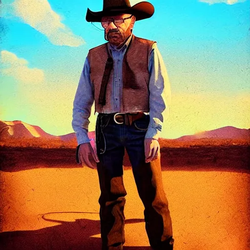 Image similar to walter white as a cowboy in a western town, golden hour, cinematic, digital art