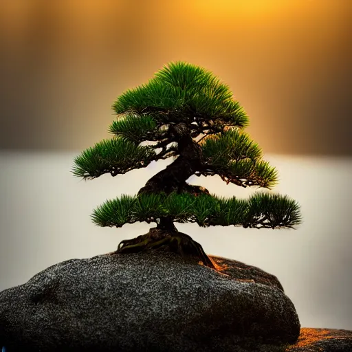 Prompt: fhoto bonsai fir on a small rock in lake, refle, fog, medium shot, volumetric lighting, beautiful, golden hour, sharp focus, ultra detailed, cgsociety by leesha hannigan, ross tran, thierry doizon, kai carpenter, ignacio fernandez rios, noir art house, 4 k, 3 5 mm, fujifilm