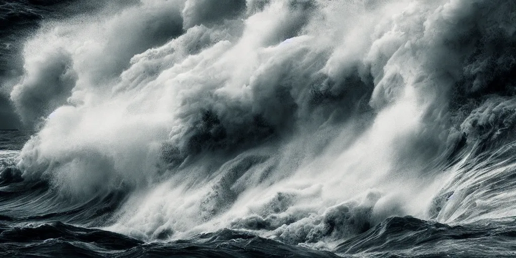 Prompt: detailed waves. dark sea, layers, very detailed super storm, hyper realistic, impressive, very atmospheric, god ray, cinematic, deep, very high complexity, stunning, masterpiece, weather photography, very detailed. 4 k