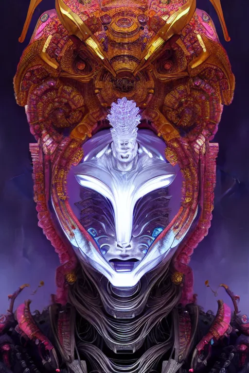 Image similar to asura from chinese myth, ghost, gorgeous and huge head ornaments, dystopian, cyberpunk, organic fractal mycelum and fungi, mecha, halfturn portrait of a big crystal face made of crystals half - turn, ominous, intricate, studio, art by anthony macbain + greg rutkowski + alphonse mucha, concept art, 4 k, sharp focus