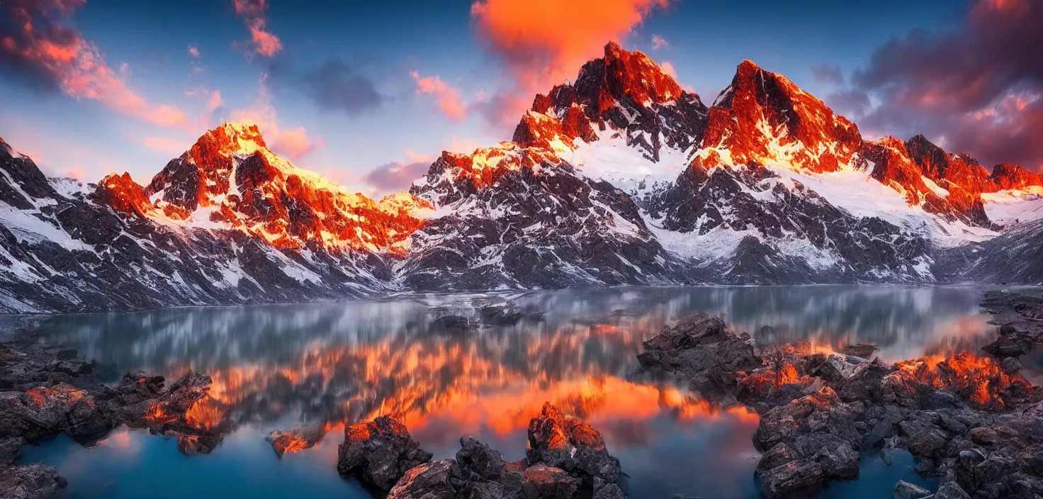 Image similar to amazing landscape photo of mountains with lake in sunset by marc adamus, beautiful dramatic lighting