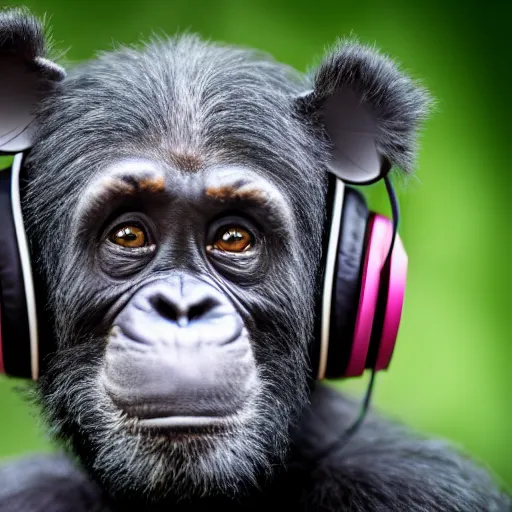 Image similar to a high quality photo of a green chimp wearing headphones, realism, 8k