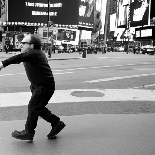 Image similar to photograph of danny devito skateboarding in times square