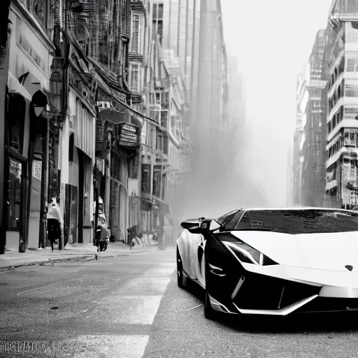 Image similar to black and white press photograph of a man in a suit pushing a lamborghini that is out of gas on a busy city street, sideview, detailed, natural light, mist, film grain, soft vignette, sigma 5 0 mm f / 1. 4 1 / 1 0 sec shutter, imax 7 0 mm footage