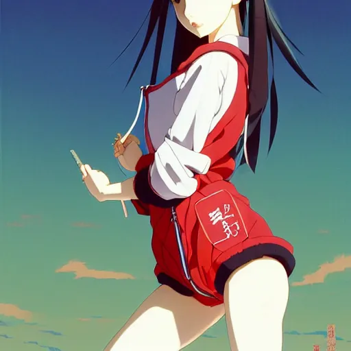 Image similar to a beautiful japanese natalie portman gravure model, wearing oversized native designer bomber jacket and leotard with overalls, bulky poofy bomber jacket with mesoamerican patterns, mesoamerican native street fashion, gapmoe yandere grimdark, trending on pixiv fanbox, painted by greg rutkowski makoto shinkai takashi takeuchi studio ghibli, akihiko yoshida