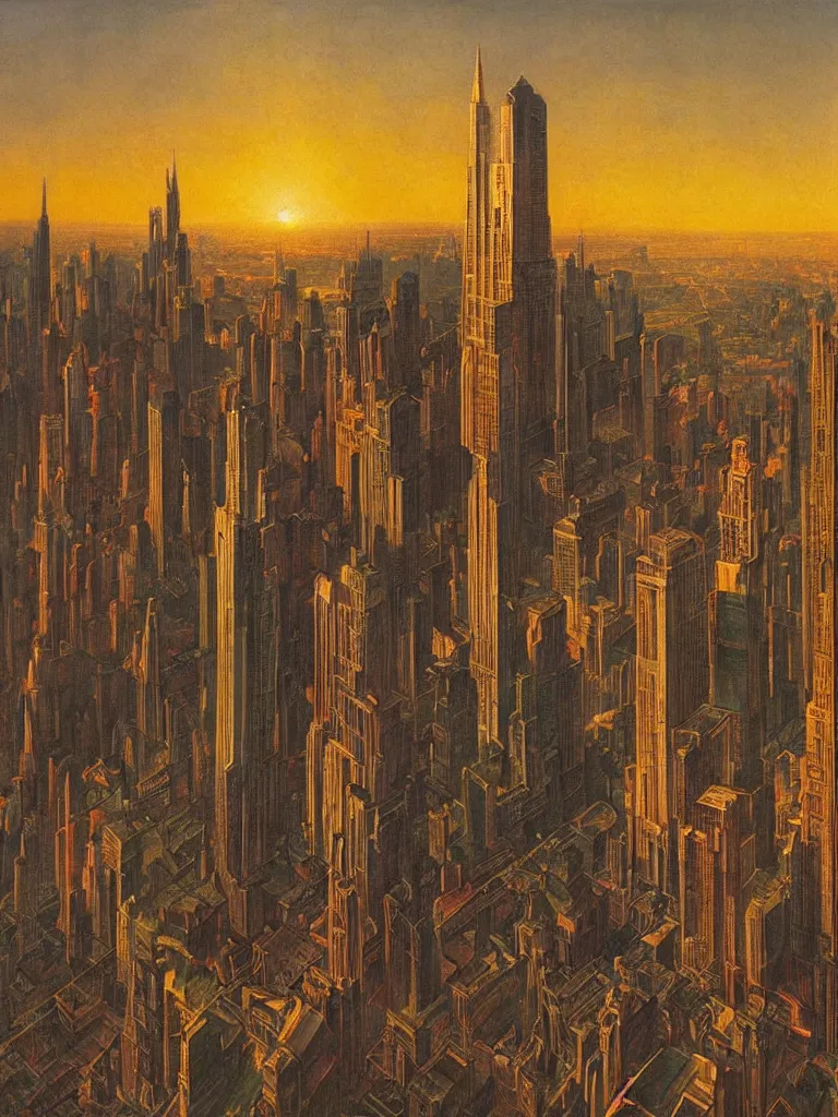 Prompt: a vertical city at sunset, golden hour, dramatic lighting, volumetric lighting, fluid, smooth, bright, colourful, high contrast, sharpness, very detailed, intricate, by hildebrandt brothers, frazetta, giorgio de chirico and botticelli and max ernst