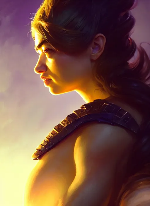 Image similar to side portrait, imogen poots, paladin, fantasy, gloomhaven, luminescent, organic painting, matte painting, bold shapes, hard edges, octane render, unreal engine, by greg manchess, huang guangjian, gil elvgren, sachin teng, greg rutkowski, jesper ejsing, ilya kuvshinov