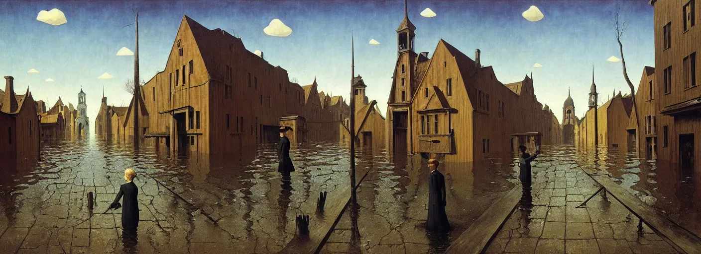Image similar to flooded! old wooden empty cursed city street, very coherent and colorful high contrast masterpiece by franz sedlacek rene magritte gediminas pranckevicius norman rockwell, full - length view, dark shadows, sunny day, hard lighting, reference sheet white background