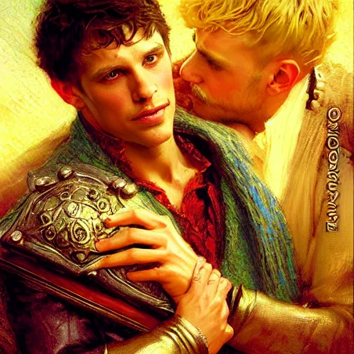 Image similar to attractive, arthur pendragon in love with attractive male, merlin the mage. highly detailed painting by gaston bussiere, craig mullins, j. c. leyendecker