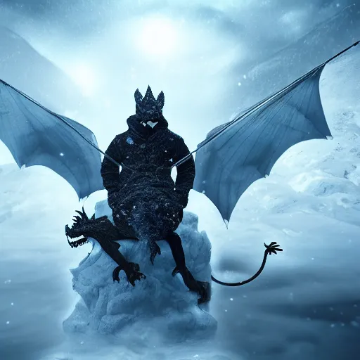 Prompt: mysterious figure with ski goggles riding a dragon made of ice, digital art, 4 k ultra hd, hyper realistic