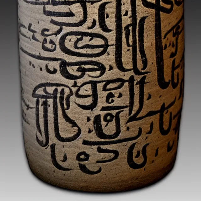 Image similar to a full realistic photo of a tall and thin cylindrical clay scroll jar with two sentences of nabatean aramaic, dark, brooding, atmospheric, volume lighting