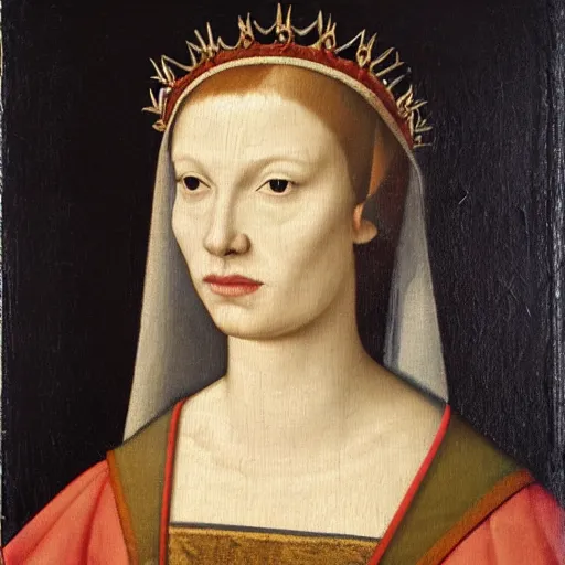 Image similar to a renaissance style portrait painting of otter, wearing a crown and cape, dark background