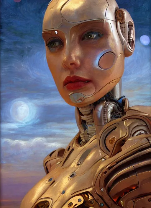 Image similar to biblical shy beautiful female mage android robot, deep gaze to the side, closeup, bright glowing veins, in clouds, sunset, portrait, by gerald brom, by mikhail vrubel, by peter elson, muted colors, extreme detail, reflections, trending on artstation, 8 k