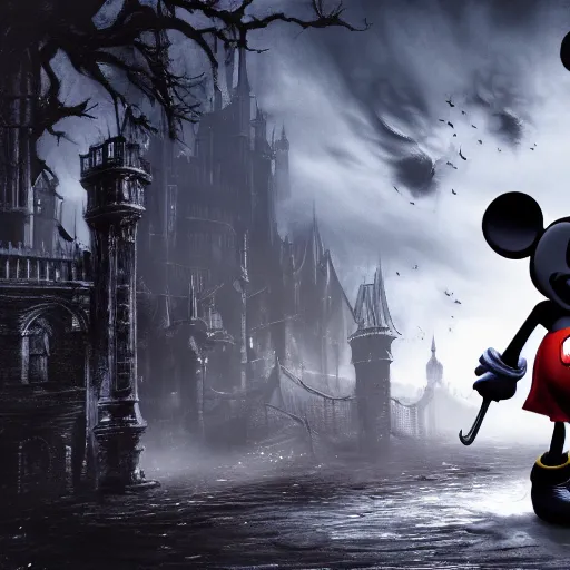 Prompt: ultrawide photo of mickey mouse in bloodborne, bloodborne concept art, 8 k