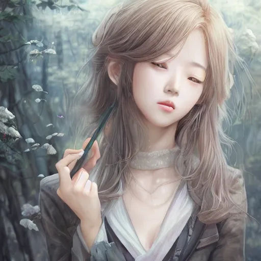 Image similar to dynamic composition, motion, ultra-detailed, incredibly detailed, a lot of details, amazing fine details and brush strokes, colorful and grayish palette, smooth, HD semirealistic anime CG concept art digital painting, watercolor oil painting of a young office lady, by a Chinese artist at ArtStation, by Huang Guangjian, Fenghua Zhong, Ruan Jia, Xin Jin and Wei Chang. Realistic artwork of a Chinese videogame, gradients, gentle an harmonic grayish colors.