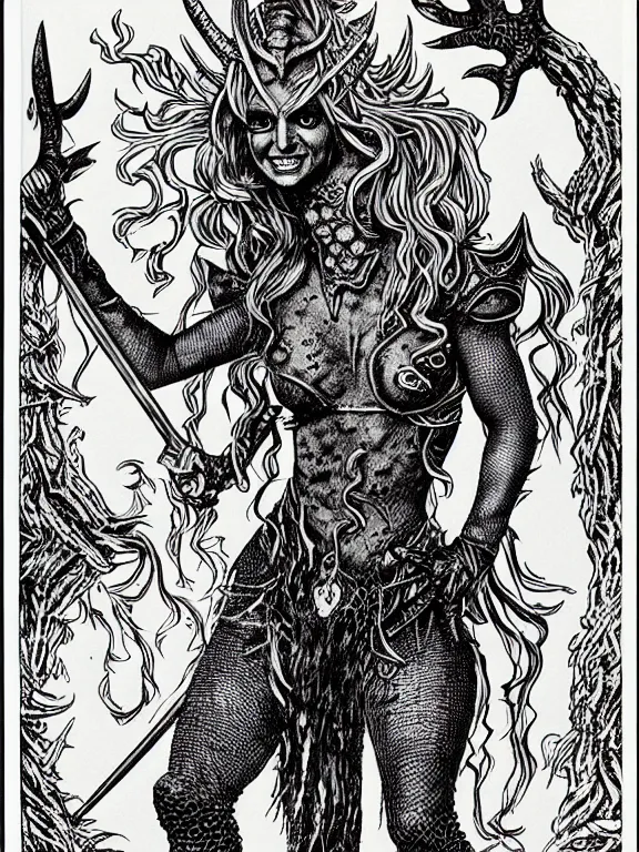 Image similar to britney spears as a d & d monster, full body, pen - and - ink illustration, etching, by russ nicholson, david a trampier, larry elmore, 1 9 8 1, hq scan, intricate details, inside stylized border