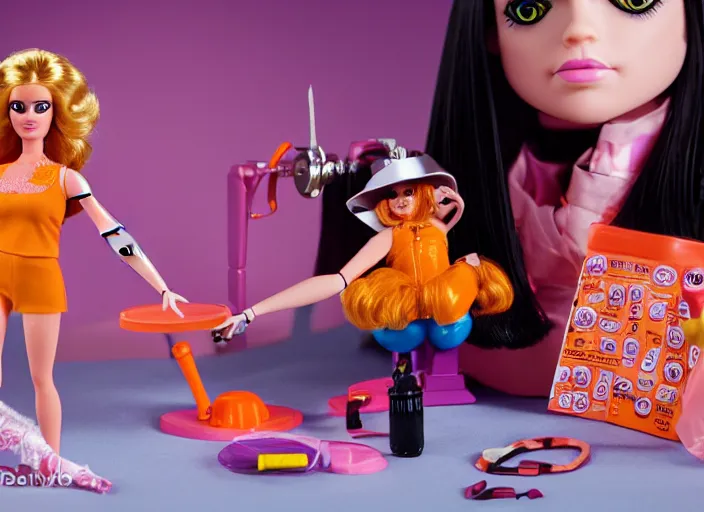 Prompt: a clockwork orange barbie play set, children's toy advertisement, studio photography, close - up