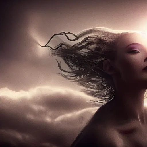 Image similar to stunning otherworldly goddess of beauty rising from the void, dark and mysterious, stopped in time, atmospheric, ominous, eerie, cinematic, Epic, 8k, 4k, ultra detail, ultra realistic, rendered by awesomeness