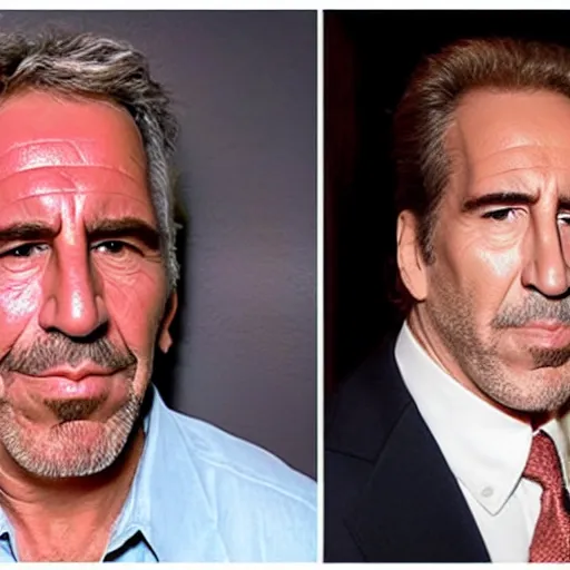 Prompt: Jeffery Epstein peels off his face to reveal Nicholas Cage