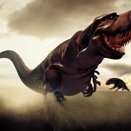 Prompt: daschund faces down a vicious t - rex, dramatic, cinematic lighting, powerful, moving, award winning, photorealistic,
