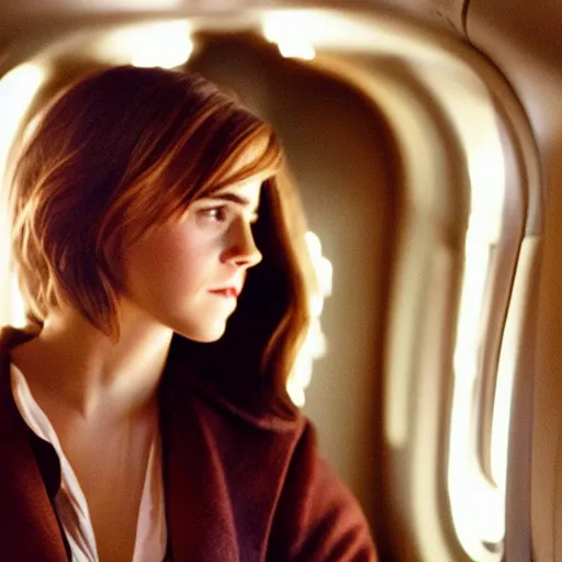 Image similar to emma watson, inside airplane, film still, low contrast,