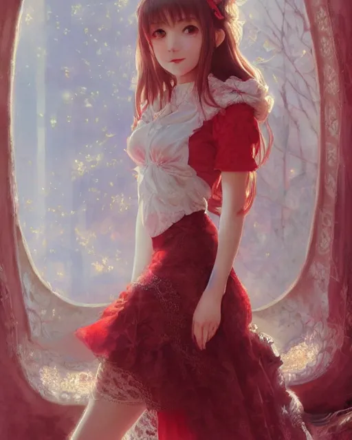 Image similar to aerith gainsborough in red lace skirt, portrait, illustration, rim light, top light, perfectly shaded, soft painting, art by krenz cushart and wenjun lin