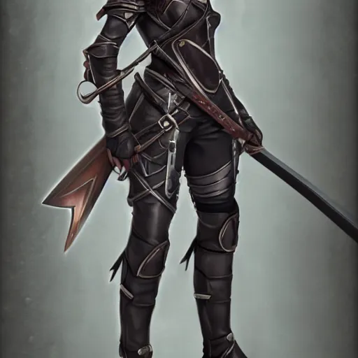 a female adventurer in leather armor with a sword