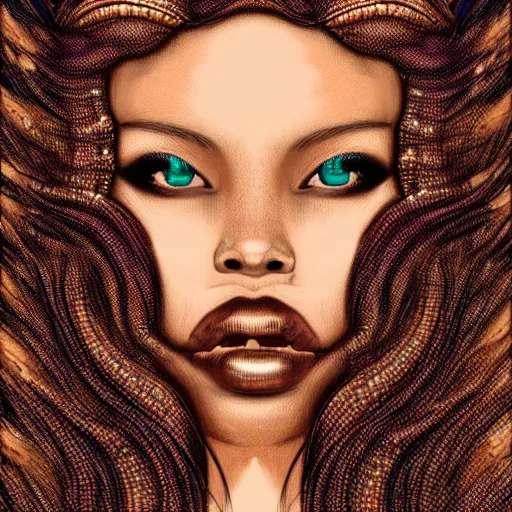 Prompt: vintage portrait of modern mermaid queen, zoom, rule of thirds, atmosphere, intricate, regal, latinas, ( brown skin ), symmetrical!!, loreal, maybelline, sephora, loreal, artstation, art by michael william kaluta and artgerm, ( ( cinematic ) ) concept art, filmic, vsco