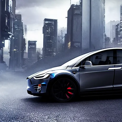 Prompt: tesla model x as an armored vehicle in a cyberpunk world