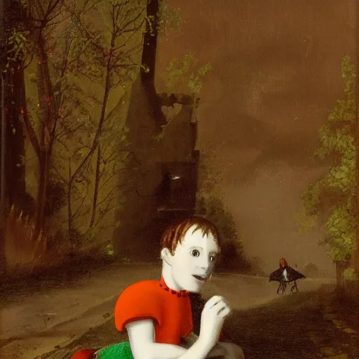 Prompt: Little red-head boy looking like a medieval knight with short black hair in a pale orange-green wedding dress sitting in a rainy street with a little man walking in the foreground with a tall black-haired