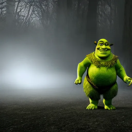 Prompt: shrek as the villain in horror movie, still, photorealism, mist, fog, award wnning lighting photograph