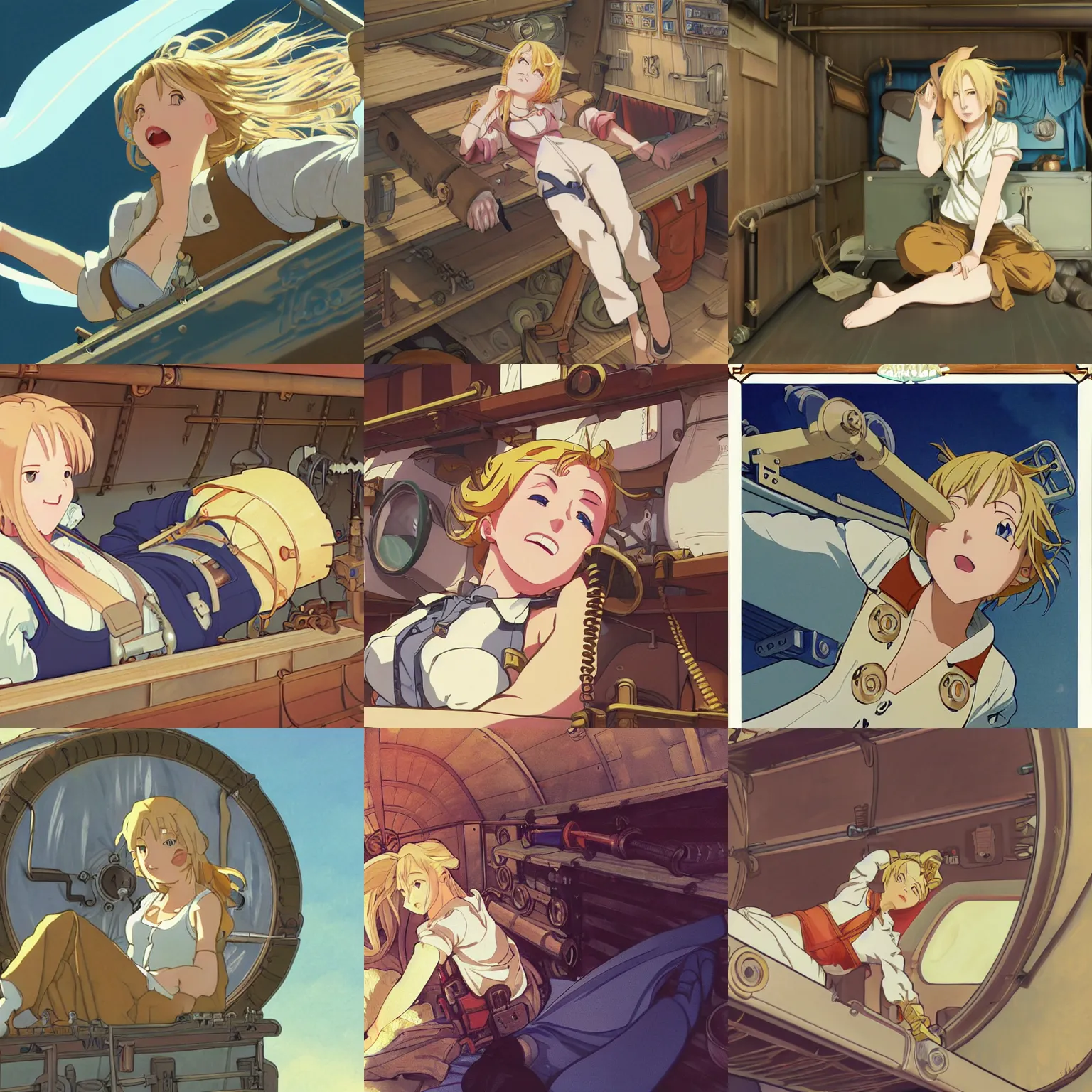 Prompt: Character portrait of a tank top-clad blonde female airship mechanic stretching and yawning in her cramped bunk, steampunk, defined facial features, highly detailed, digital illustration, official Kyoto Animation and Studio Ghibli anime screenshot, by Makoto Shinkai and Alphonse Mucha