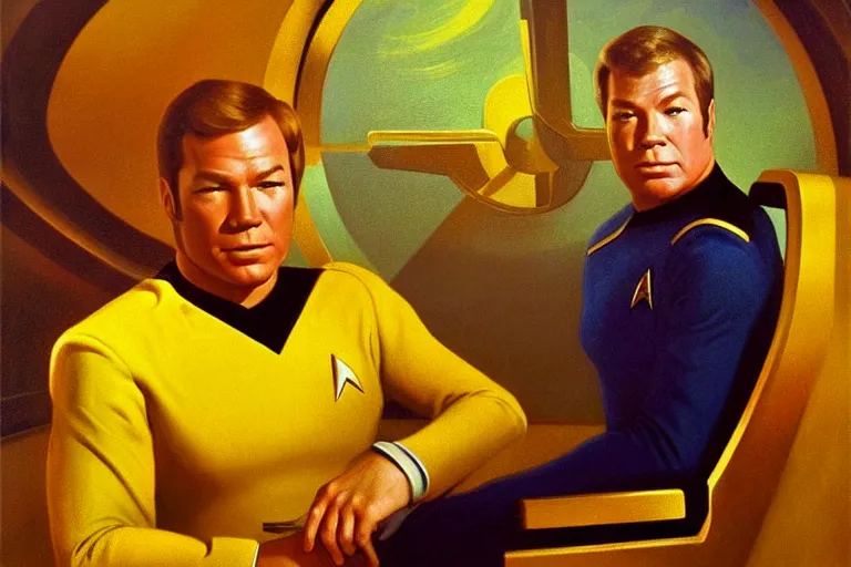 Image similar to young captain kirk ( william shatner ), the handsome captain from star trek, in his gold uniform, sitting in the captain ’ s chair on the bridge of the starship enterprise. he looks smug. oil painting in the style of edward hopper and ilya repin gaston bussiere, craig mullins. warm colors. detailed and hyperrealistic.