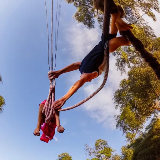 Image similar to gibbon hanging upside down from rope attached to hot - air balloon, smiling at camera, exaggerated perspective