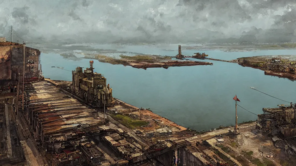 Prompt: view of panama water canal, papyrus, watercolored, jakub rozalski, dark colours, dieselpunk, artstation