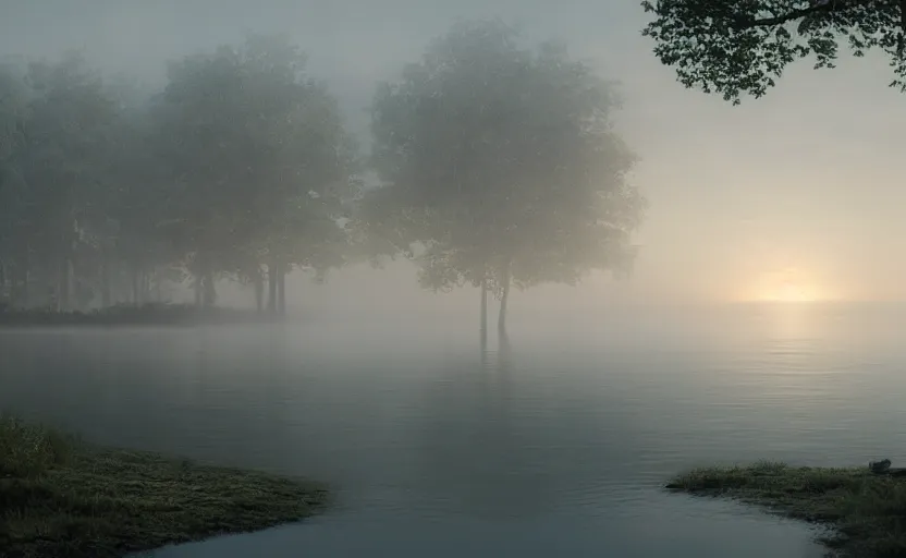 Image similar to a strange lake directed by charlie kaufman ( 2 0 0 1 ) anamorphic lenses, foggy volumetric light morning, cinematic trending on artstation in the style of greg rutkowski