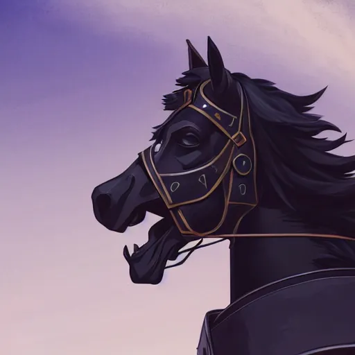 Image similar to illustration of a mounted knight, strong chest, wearing full plate armor, powerful black horse, artstation, detailed cartoon, elegant, digital painting, concept art, smooth, sharp focus, illustration, ghibli, makoto shinkai, don bluth, fujita goro, jean giraud, akihiko yoshida, tom whalen 8 k