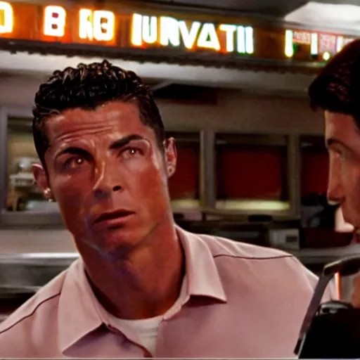 Image similar to movie still of the diner scene in the movie Heat, rendering of cristiano ronaldo as vincent hanna,