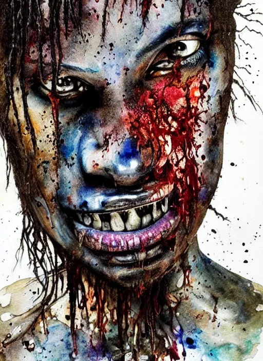 Image similar to african american zombie hollywood artwork professional acting headshot, hyperrealism, intricate detail, studio lighting, charming expression gesicht, hauntingly beautiful zombie, watercolor art, epic, legendary, drawn and painted, colored layers, dulled contrast, exquisite fine art, splatterpaint