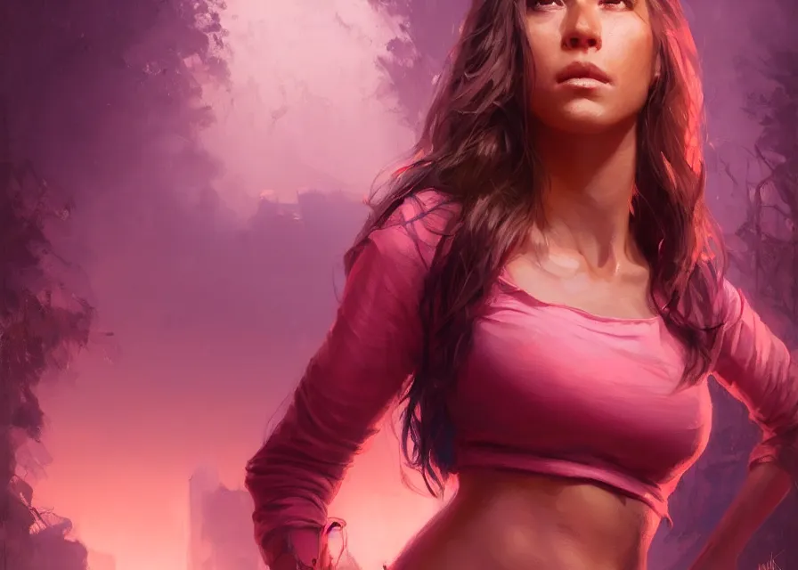 Image similar to an portrait of a beautiful female survivor in a pink t shirt, apocalyptic city backround, shiny skin, flowing tied hair, fine details. night setting. realistic shaded lighting poster by craig mullism, artgerm, jeremy lipkin and michael garmash, unreal engine, radiant light, detailed and intricate environment, digital art, trending on art station,